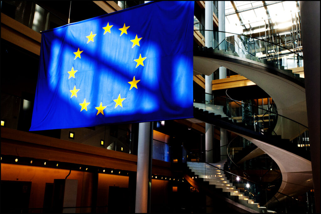 Flag of the European Union in the European Parliament in Strasbourg